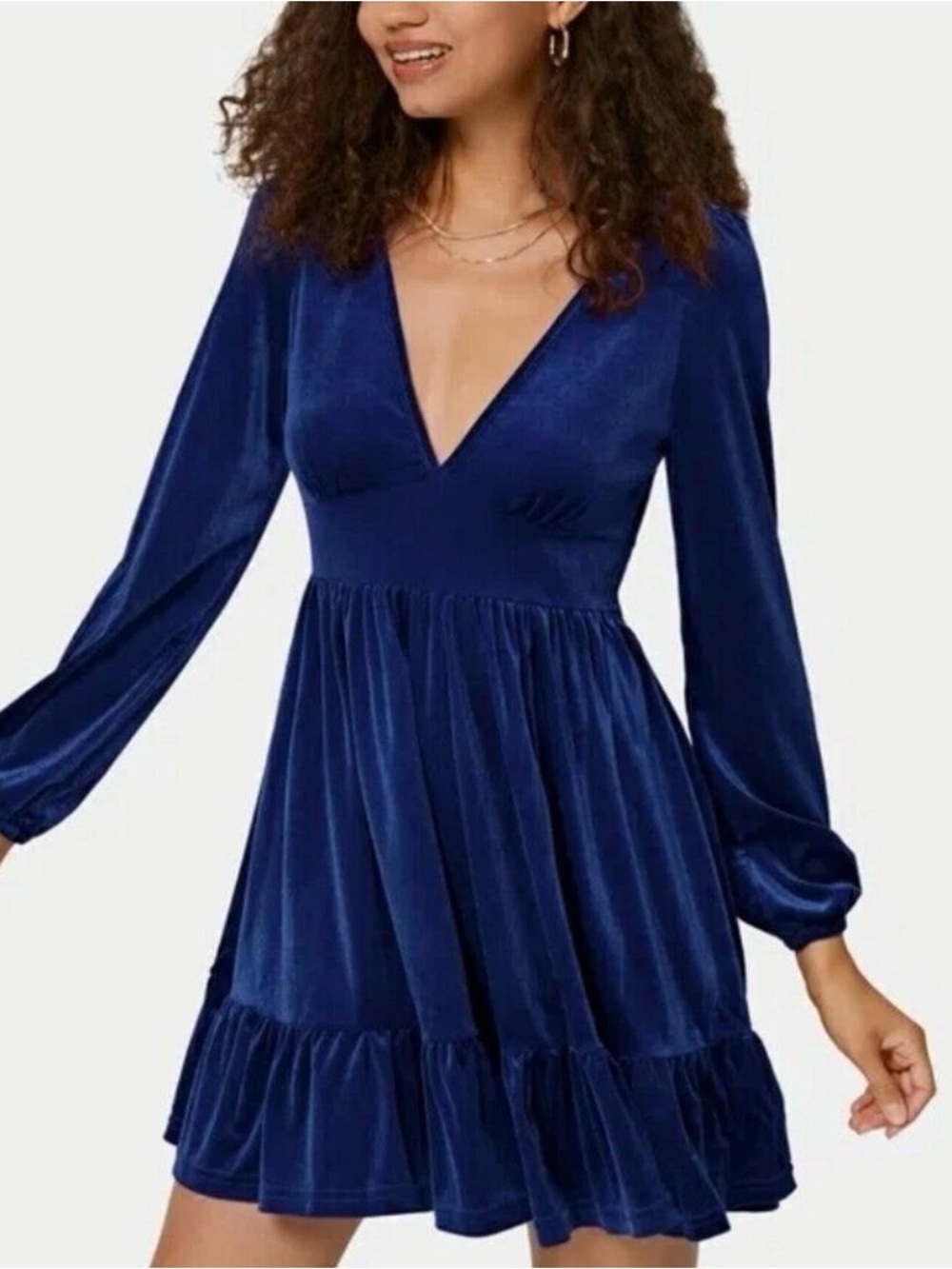 HALARA Navy Velvet V-Neck Long Sleeve Dress